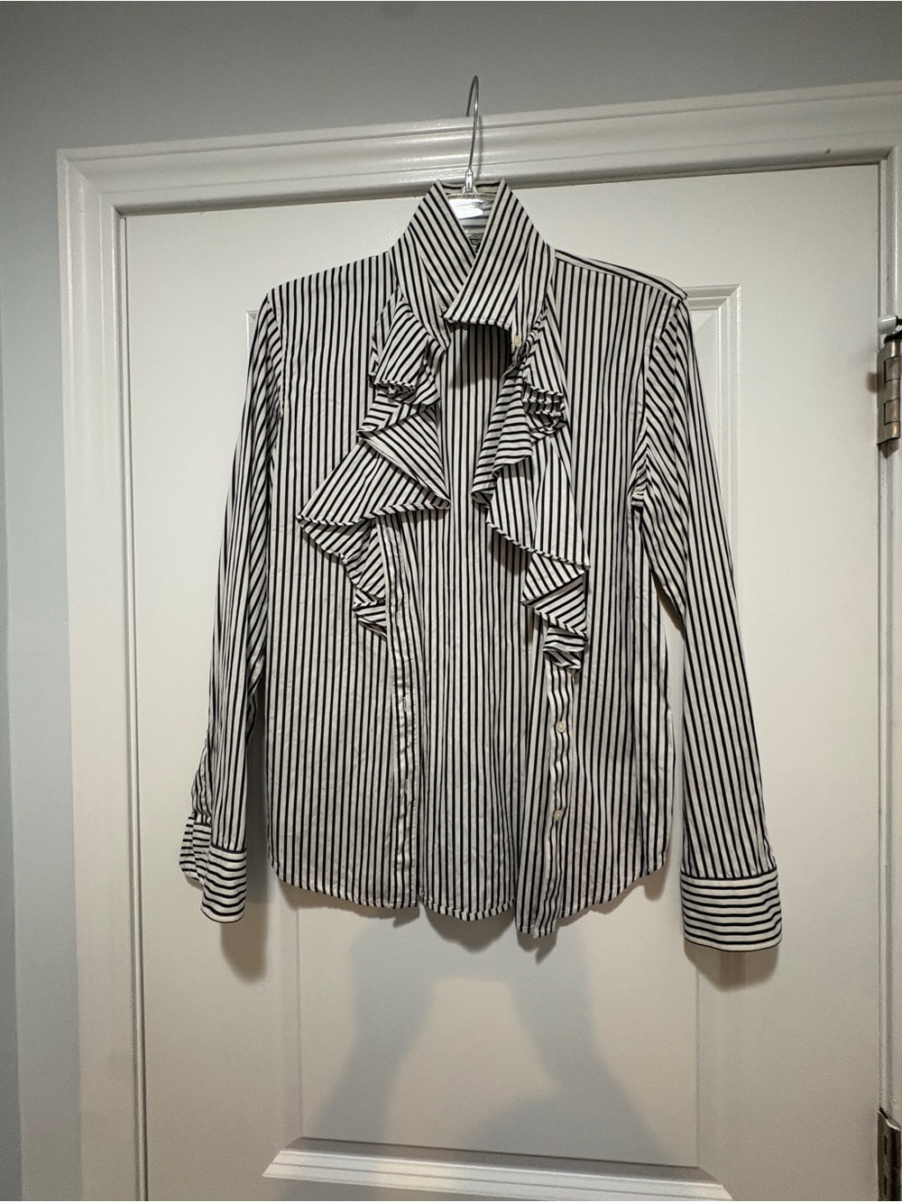 Ralph Lauren Black & White Striped Ruffle Button-Down Blouse